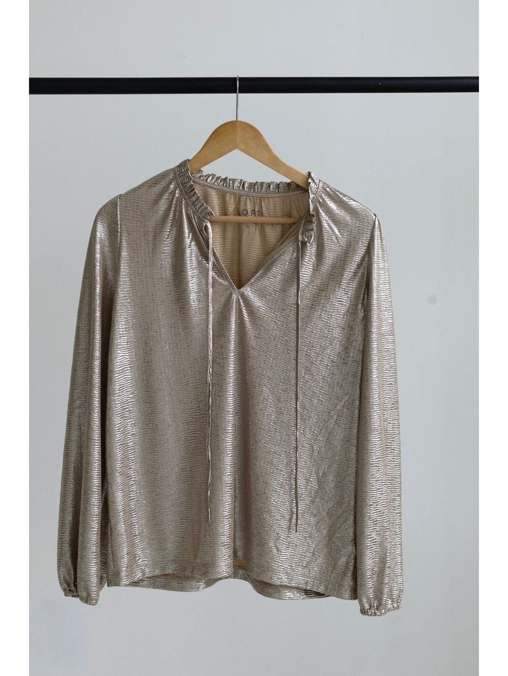 LOFT Metallic Shimmer Ruffle Tie Neck Blouse Gold Champagne Sz S